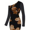 Vacation Dress Vintage Floral Print Mesh Skew Neck Long Sleeve Bodycon Dress - Noir S | US 4