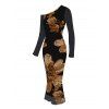 Vacation Dress Vintage Floral Print Mesh Skew Neck Long Sleeve Bodycon Dress - Noir XXL | US 14