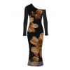 Vacation Dress Vintage Floral Print Mesh Skew Neck Long Sleeve Bodycon Dress - Noir XXL | US 14