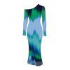 Vintage Party Dress Ombre Tie Dye Zig Zag Print Mesh Skew Neck Long Sleeve Bodycon Dress - multicolor A S | US 4