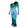 Vintage Party Dress Ombre Tie Dye Zig Zag Print Mesh Skew Neck Long Sleeve Bodycon Dress - multicolor A S | US 4
