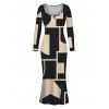 Commute Dress Colorblock Geometric Print Scoop Neck Long Sleeve Bodycon Dress - Noir XXL | US 14