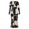 Commute Dress Colorblock Geometric Print Scoop Neck Long Sleeve Bodycon Dress - Noir XXL | US 14