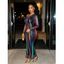 Vacation Party Dress Abstract Multicolor Striped Print Mesh Skew Neck Long Sleeve Bodycon Dress - Noir L | US 8-10