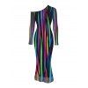 Vacation Party Dress Abstract Multicolor Striped Print Mesh Skew Neck Long Sleeve Bodycon Dress - Noir XXL | US 14