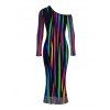 Vacation Party Dress Abstract Multicolor Striped Print Mesh Skew Neck Long Sleeve Bodycon Dress - Noir XXL | US 14