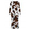 Vintage Dress Colorblock Cow Animal Print Scoop Neck Long Sleeve Bodycon Dress - Blanc M | US 6