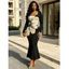 Elegant Dress Sketch Floral Print Scoop Neck Long Sleeve Bodycon Dress - Noir S | US 4