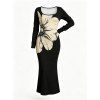 Elegant Dress Sketch Floral Print Scoop Neck Long Sleeve Bodycon Dress - Noir XXL | US 14