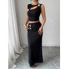 Vacation Women Outfit Solid Color Cut Out Floral Decor Cropped Tank Top and Bodycon Long Skirt Set - Noir S | US 4