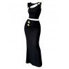 Vacation Women Outfit Solid Color Cut Out Floral Decor Cropped Tank Top and Bodycon Long Skirt Set - Noir XL | US 12