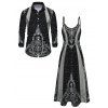 Halloween Gothic Couple Outfit Skeleton Skull Polka Dots Printed V Neck Pocket A Line Party Dress and Long Sleeve Shirt Set - Noir S | US 4