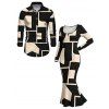 Commute Couple Outfit Colorblock Geometric Print Scoop Neck Bodycon Dress and Long Sleeve Shirt Set - Noir S | US 4