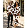 Vintage Couple Outfit Colorblock Cow Animal Print Scoop Neck Bodycon Dress and Long Sleeve Shirt Set - Blanc S | US 4