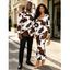 Vintage Couple Outfit Colorblock Cow Animal Print Scoop Neck Bodycon Dress and Long Sleeve Shirt Set - Blanc S | US 4