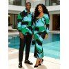 Vacation Couple Outfit Colorblock Abstract Palm Leaf Striped Print Scoop Neck Bodycon Dress and Long Sleeve Shirt Set - multicolor A S | US 4