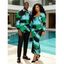 Vacation Couple Outfit Colorblock Abstract Palm Leaf Striped Print Scoop Neck Bodycon Dress and Long Sleeve Shirt Set - multicolor A S | US 4