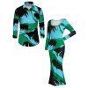Vacation Couple Outfit Colorblock Abstract Palm Leaf Striped Print Scoop Neck Bodycon Dress and Long Sleeve Shirt Set - multicolor A S | US 4