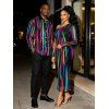 Vacation Couple Outfit Abstract Multicolor Striped Print Mesh Skew Neck Bodycon Dress and Long Sleeve Shirt Set - Noir S | US 4