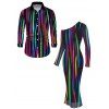 Vacation Couple Outfit Abstract Multicolor Striped Print Mesh Skew Neck Bodycon Dress and Long Sleeve Shirt Set - Noir S | US 4