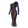 Vacation Couple Outfit Abstract Multicolor Striped Print Mesh Skew Neck Bodycon Dress and Long Sleeve Shirt Set - Noir S | US 4