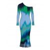 Vintage Couple Outfit Ombre Tie Dye Zig Zag Print Mesh Skew Neck Bodycon Dress and Long Sleeve Shirt Set - multicolor A S | US 4