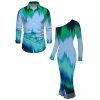 Vintage Couple Outfit Ombre Tie Dye Zig Zag Print Mesh Skew Neck Bodycon Dress and Long Sleeve Shirt Set - multicolor A S | US 4