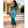 Vintage Couple Outfit Ombre Tie Dye Zig Zag Print Mesh Skew Neck Bodycon Dress and Long Sleeve Shirt Set - multicolor A S | US 4