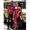 Vintage Couple Outfit Ink Painting Tie Dye Print Crisscross Mermaid Bodycon Dress and Long Sleeve Shirt Set - Concorde S | US 4