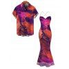 Vintage Couple Outfit Ink Painting Tie Dye Print Crisscross Mermaid Bodycon Dress and Long Sleeve Shirt Set - Concorde S | US 4