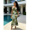 Vintage Couple Outfit Ink Painting Tie Dye Print Crisscross Mermaid Bodycon Dress and Long Sleeve Shirt Set - Vert Armée S | US 4