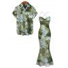 Vintage Couple Outfit Ink Painting Tie Dye Print Crisscross Mermaid Bodycon Dress and Long Sleeve Shirt Set - Vert Armée S | US 4