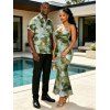 Vintage Couple Outfit Ink Painting Tie Dye Print Crisscross Mermaid Bodycon Dress and Long Sleeve Shirt Set - Vert Armée S | US 4