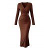 Elegant Dress Solid Color Surplice Metal Ring Plunging Neck Long Sleeve Bodycon Dress - Couleur Caramel XXL | US 14