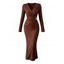 Elegant Dress Solid Color Surplice Metal Ring Plunging Neck Long Sleeve Bodycon Dress - Couleur Caramel XXL | US 14