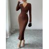 Elegant Dress Solid Color Surplice Metal Ring Plunging Neck Long Sleeve Bodycon Dress - Couleur Caramel XXL | US 14