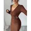 Elegant Dress Solid Color Surplice Metal Ring Plunging Neck Long Sleeve Bodycon Dress - Couleur Caramel XXL | US 14