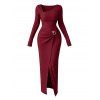 Elegant Dress Irregular Neckline Solid Color Knit Texture Metal Ring Long Sleeve Maxi Slit Dress - Rouge Vineux S | US 4