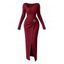 Elegant Dress Irregular Neckline Solid Color Knit Texture Metal Ring Long Sleeve Maxi Slit Dress - Abricot XXL | US 14