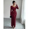 Elegant Dress Irregular Neckline Solid Color Knit Texture Metal Ring Long Sleeve Maxi Slit Dress - Rouge Vineux S | US 4