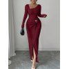 Elegant Dress Irregular Neckline Solid Color Knit Texture Metal Ring Long Sleeve Maxi Slit Dress - Rouge Vineux S | US 4