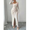Elegant Dress Irregular Neckline Solid Color Knit Texture Metal Ring Long Sleeve Maxi Slit Dress - Abricot XXL | US 14