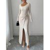 Elegant Dress Irregular Neckline Solid Color Knit Texture Metal Ring Long Sleeve Maxi Slit Dress - Abricot XXL | US 14