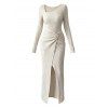 Elegant Dress Irregular Neckline Solid Color Knit Texture Metal Ring Long Sleeve Maxi Slit Dress - Abricot XXL | US 14