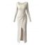 Elegant Dress Irregular Neckline Solid Color Knit Texture Metal Ring Long Sleeve Maxi Slit Dress - Abricot XXL | US 14