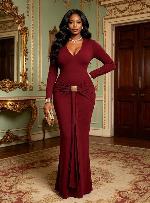 Elegant Cocktail Dress Solid Color Plunging Neck Metal Decor Long Sleeve Bodycon Dress