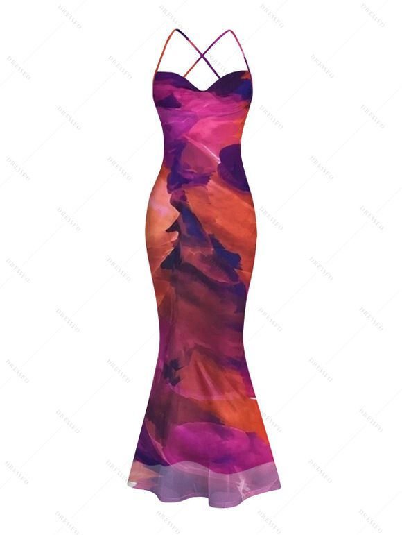 Vintage Party Dress Ink Painting Tie Dye Print Crisscross Mermaid Bodycon Dress - Concorde XXL | US 14