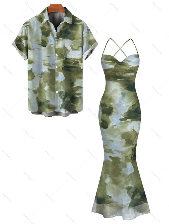 Vintage Couple Outfit Ink Painting Tie Dye Print Crisscross Mermaid Bodycon Dress and Shirt Set - Vert Armée S | US 4
