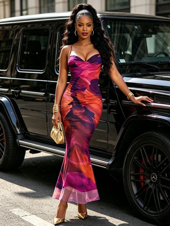 Vintage Couple Outfit Ink Painting Tie Dye Print Crisscross Mermaid Bodycon Dress and Shirt Set - Concorde S | US 4