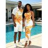 Vacation Couple Outfit Watercolor Lily Floral Print Spaghetti Strap Bodycon Dress and Shirt Set - Blanc S | US 4